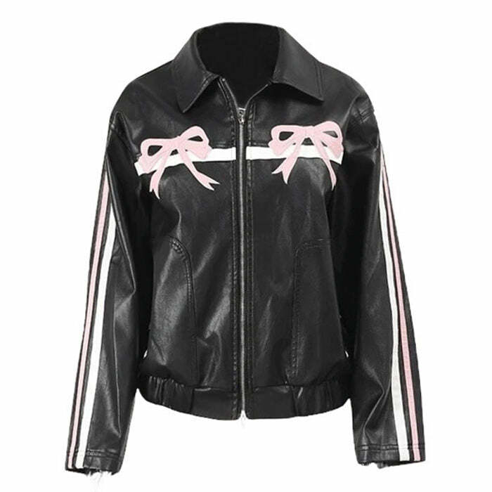 Y2K Bow Motorcycle Jacket - Trendy Grunge Aesthetic Outerwear for All