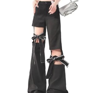 Y2K Bow-Tied Cutout Layered Pants for Trendy Aesthetic Outfits