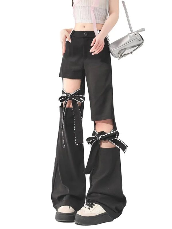 Y2K Bow-Tied Cutout Layered Pants for Trendy Aesthetic Outfits