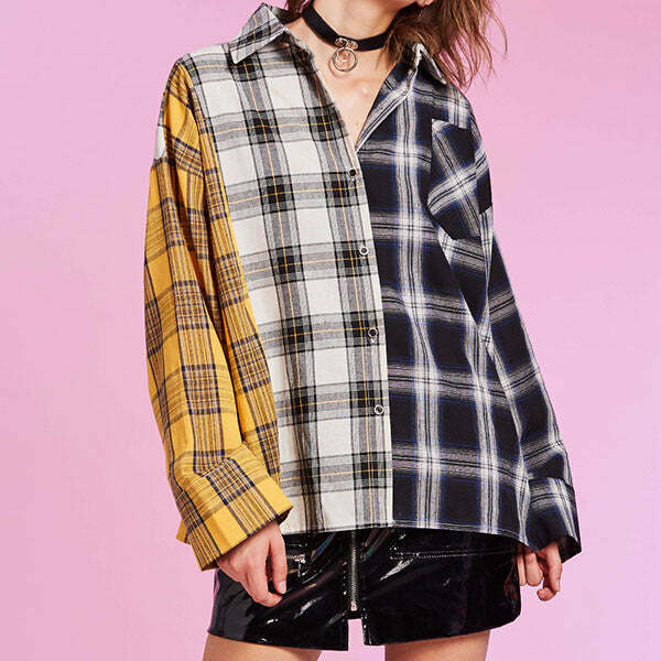 Y2K Boyfriend Check Shirt - Trendy Grunge Aesthetic for Effortless Style