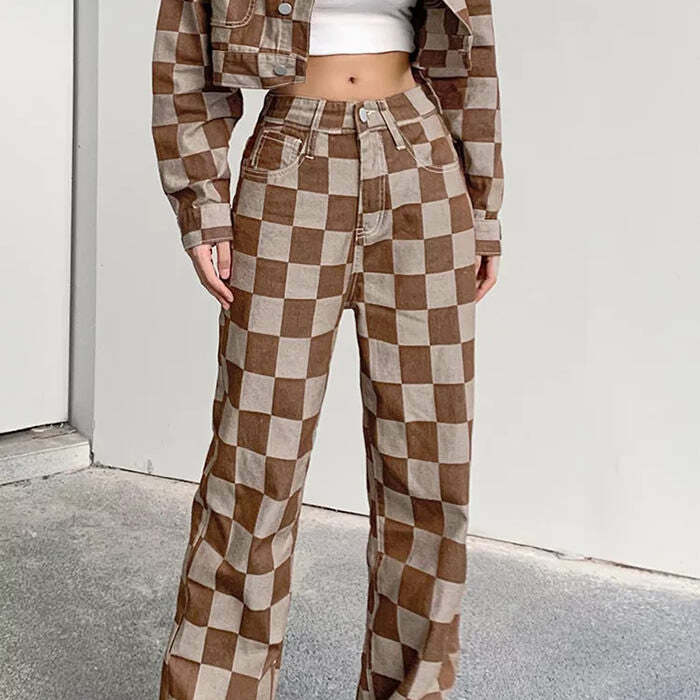 Y2K Brown Checkered Jeans for Grunge Aesthetic & Coquette Style