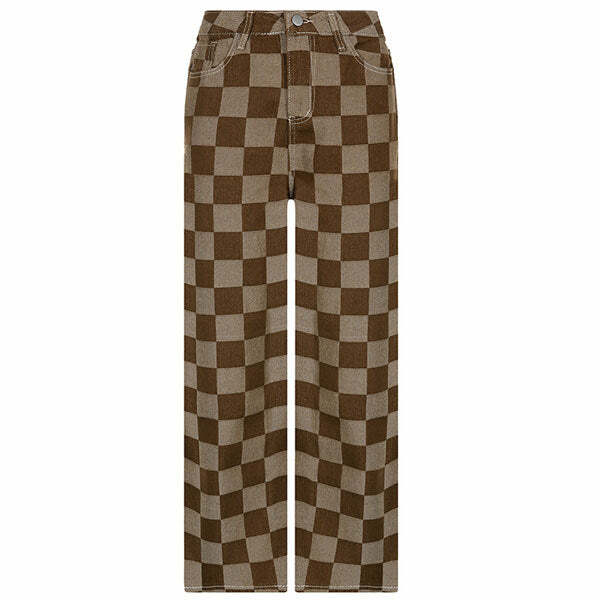 Y2K Brown Checkered Jeans for Grunge Aesthetic & Coquette Style