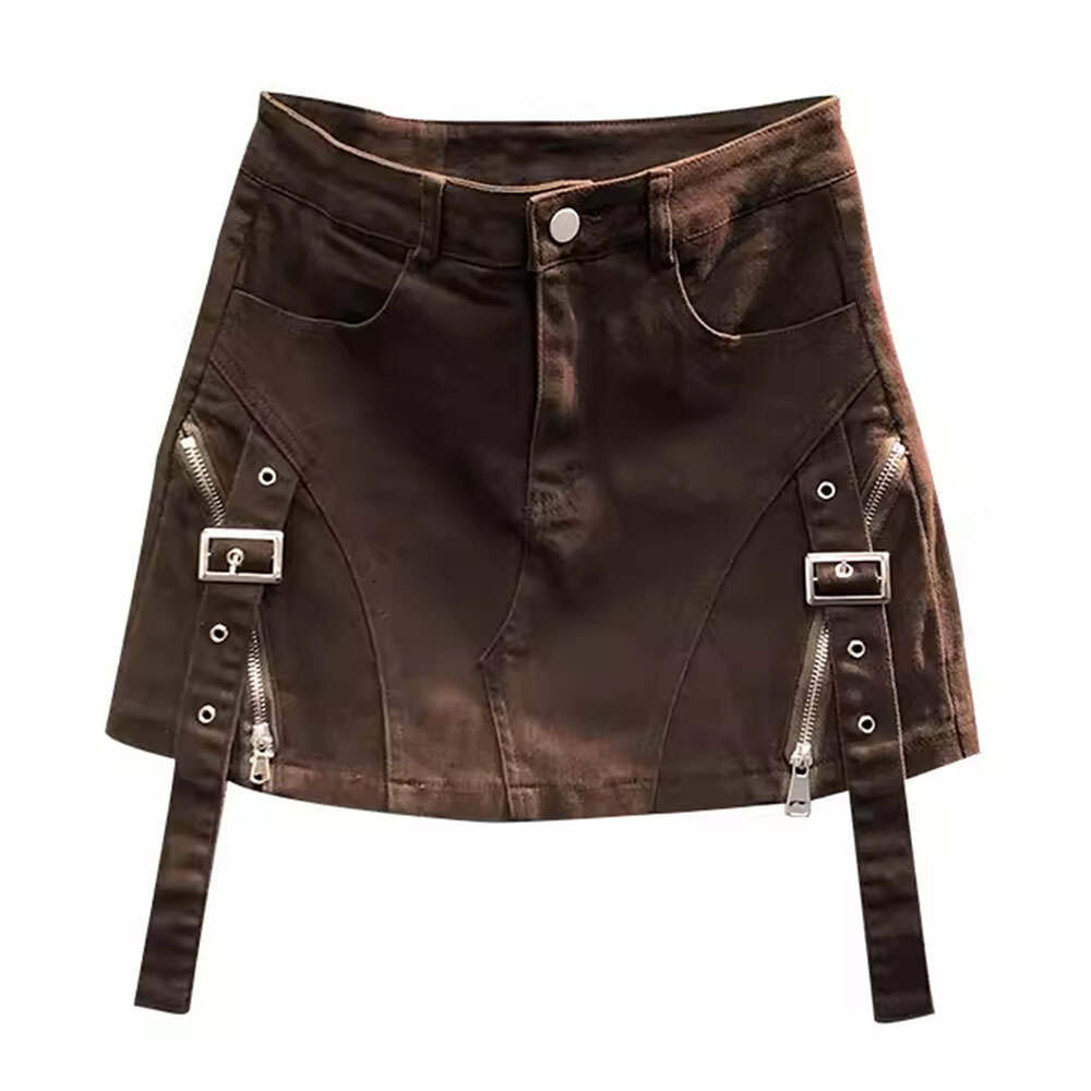 Y2K Brown Denim Buckle Skirt - Trendy Grunge Aesthetic Fashion Piece