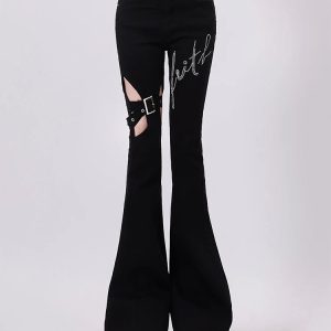 Y2K Buckled Flare Pants for Grunge Aesthetic & Coquette Style Outfits