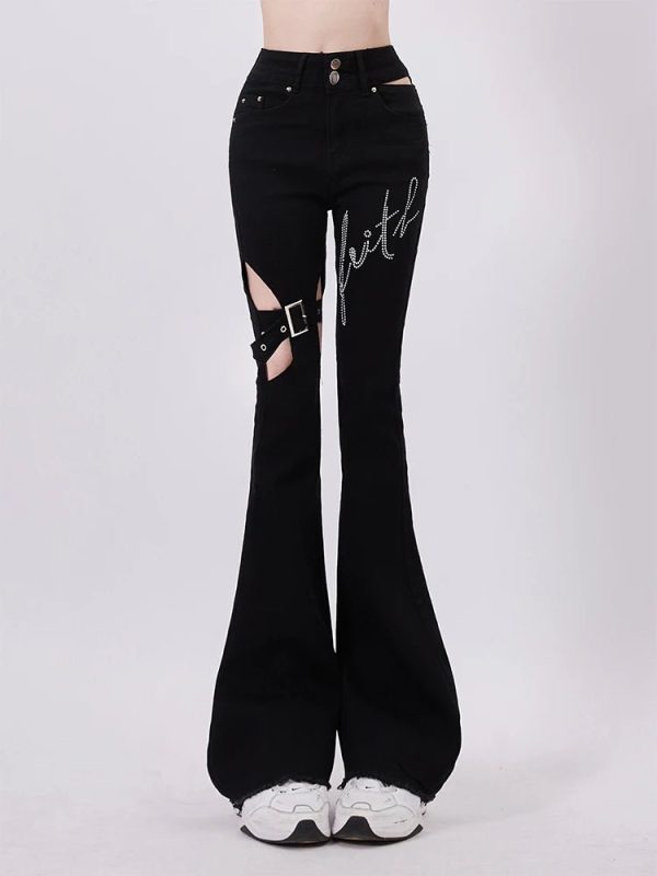 Y2K Buckled Flare Pants for Grunge Aesthetic & Coquette Style Outfits