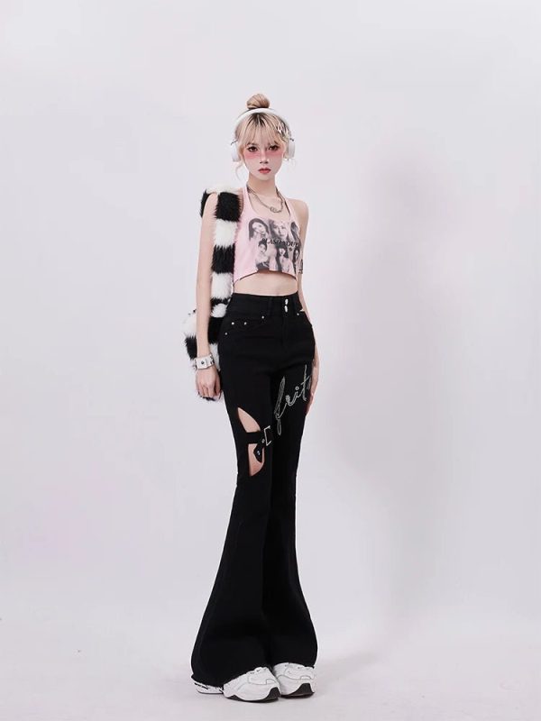 Y2K Buckled Flare Pants for Grunge Aesthetic & Coquette Style Outfits