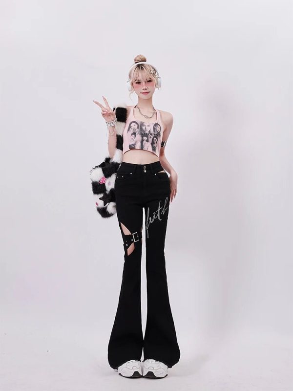 Y2K Buckled Flare Pants for Grunge Aesthetic & Coquette Style Outfits