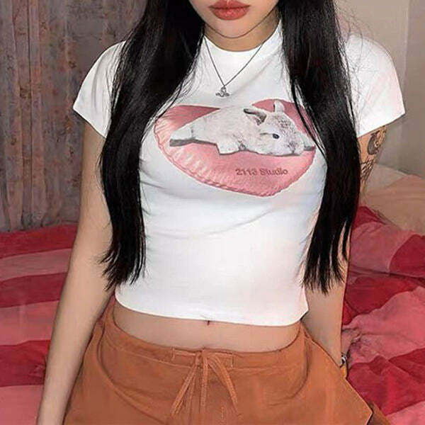 Y2K Bunny Baby Tee: Cute Pastel Goth Top for Aesthetic Outfits