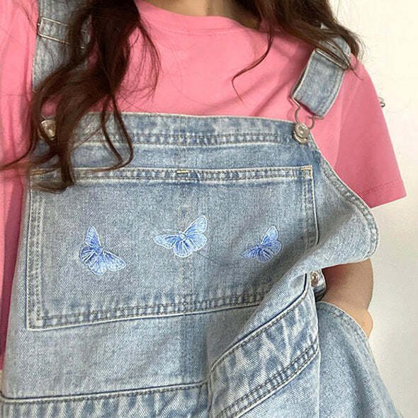 Y2K Butterfly Denim Dungaree Shorts for Cute Aesthetic Outfits