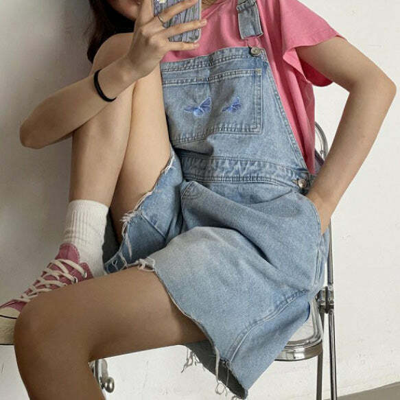 Y2K Butterfly Denim Dungaree Shorts for Cute Aesthetic Outfits