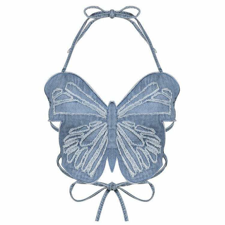 Y2K Butterfly Denim Top: Cute Aesthetic for Grunge and Coquette Styles