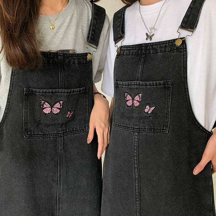 Y2K Butterfly Dungaree Dress - Cute Aesthetic Outfit for Trendy Styles