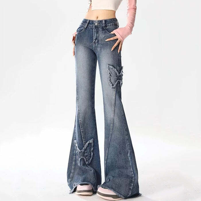 Y2K Butterfly Flare Jeans for Trendy Coquette and Grunge Aesthetics