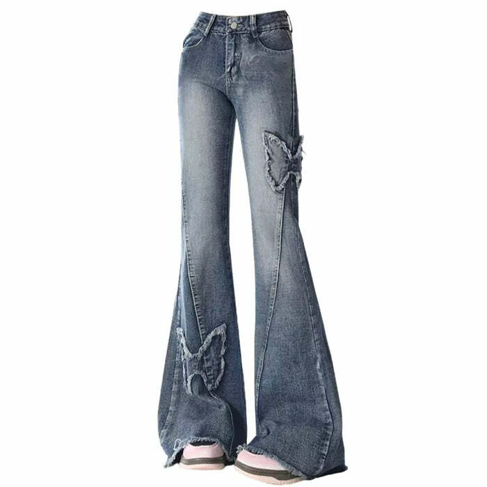 Y2K Butterfly Flare Jeans for Trendy Coquette and Grunge Aesthetics