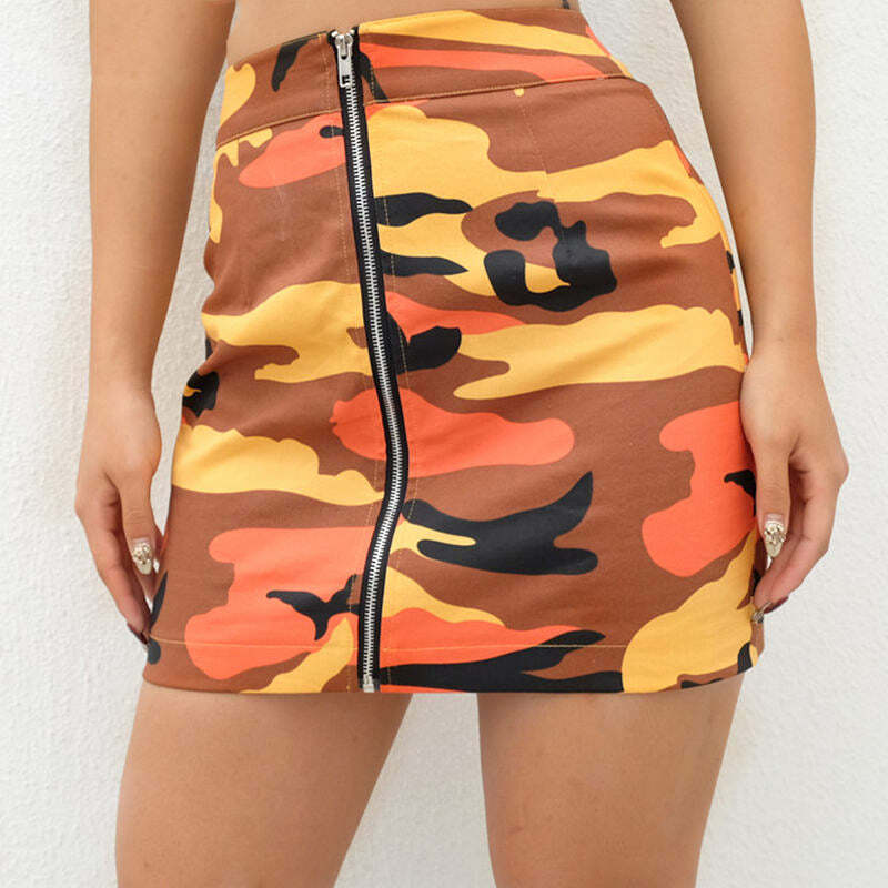 Y2K Camo Zip-Front Skirt for Grunge Aesthetic & Coquette Style