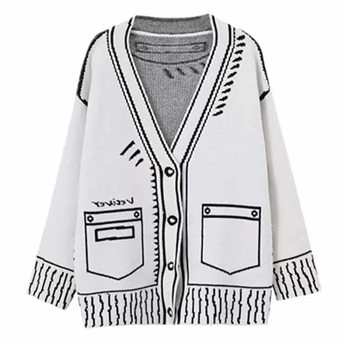 Y2K Cartoon Outline Knitted Cardigan for Coquette and Grunge Aesthetics