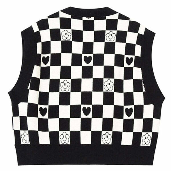 Y2K Checkerboard Cropped Vest - Trendy Grunge Aesthetic Top for Outfits