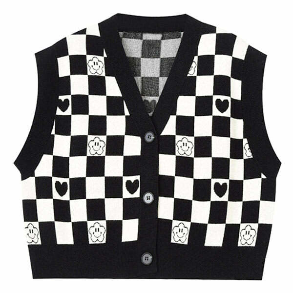 Y2K Checkerboard Cropped Vest - Trendy Grunge Aesthetic Top for Outfits