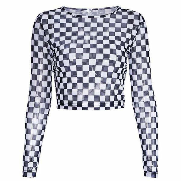 Y2K Checkered Long Sleeve Crop Top for Cute Aesthetic Outfits