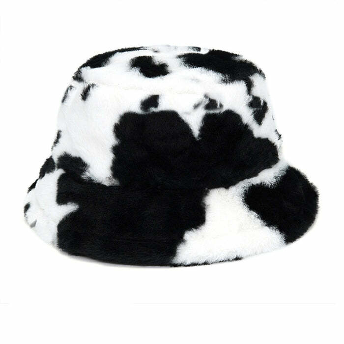 Y2K Cow Print Bucket Hat for Cute Aesthetic Outfits and Grunge Style