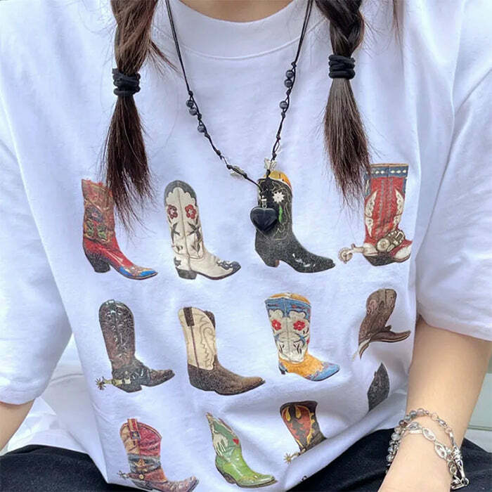 Y2K Cowboy Boots Graphic Tee for Coquette and Grunge Aesthetic Lovers