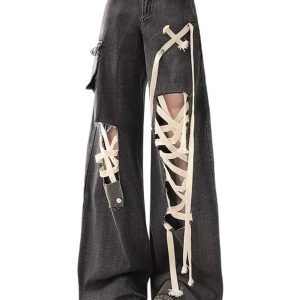 Y2K Dark Lace-Up Skeleton Pants for Grunge and Coquette Aesthetic