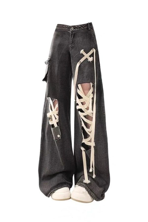 Y2K Dark Lace-Up Skeleton Pants for Grunge and Coquette Aesthetic