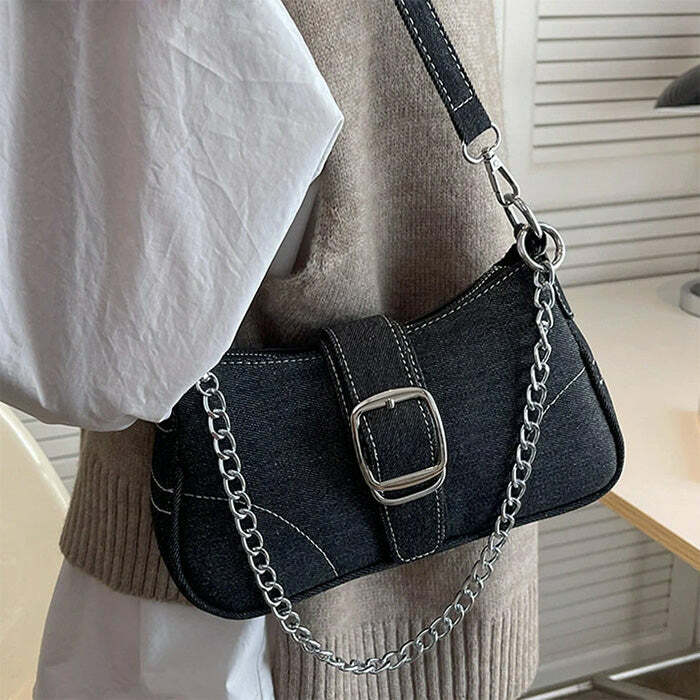 Y2K Denim Baguette Bag - Trendy Y2K Aesthetic for Chic Outfits