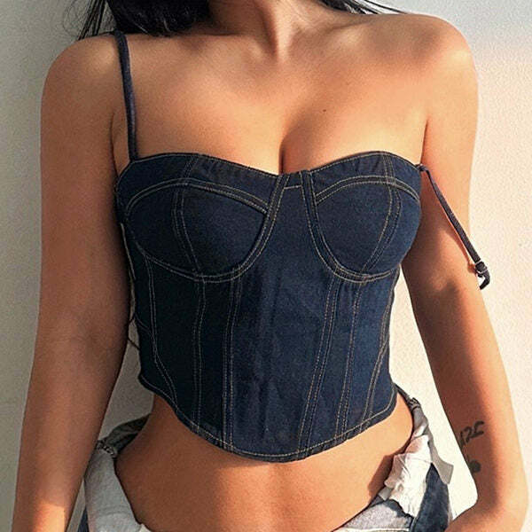 Y2K Denim Corset Top for Trendy Coquette and Grunge Aesthetic Outfits