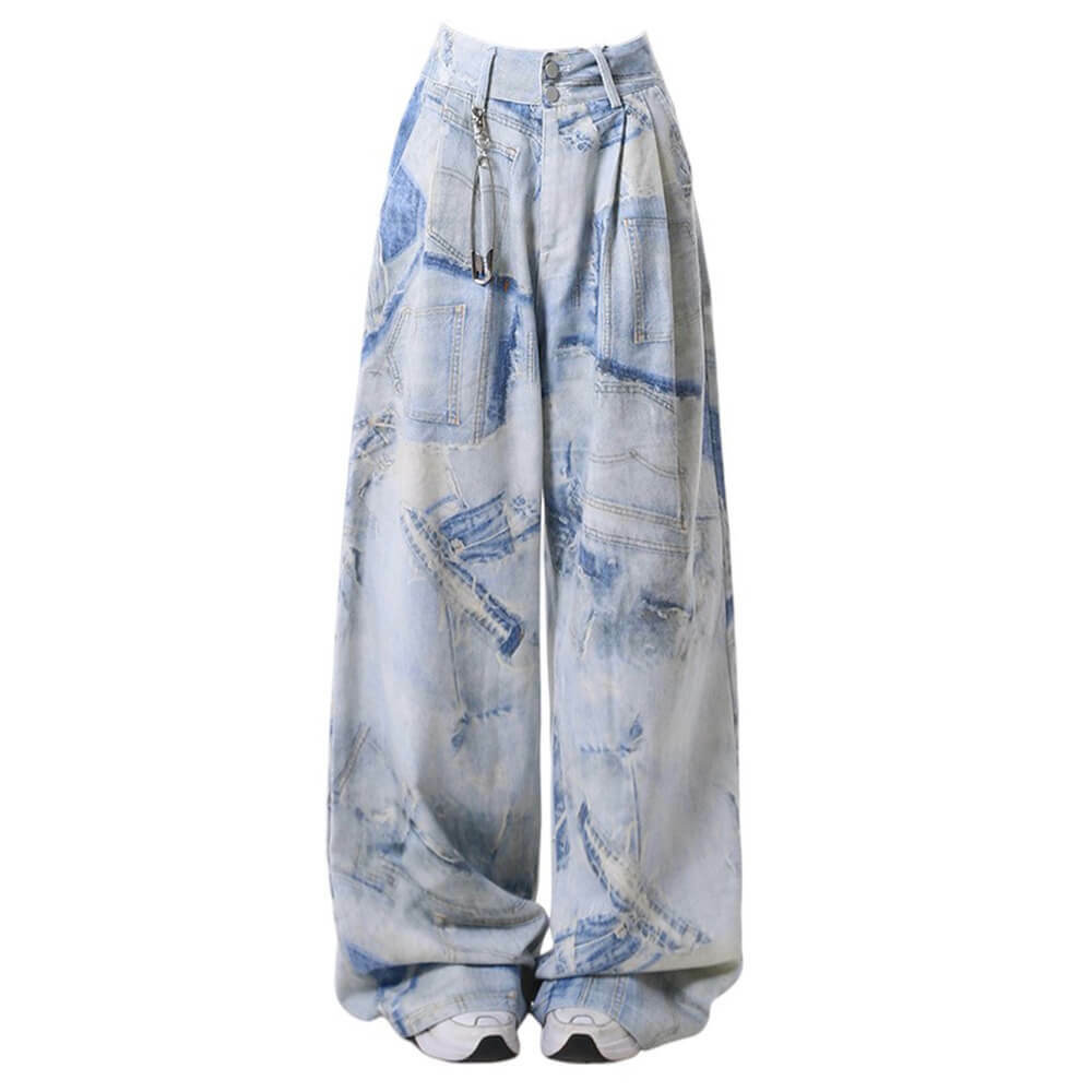 Y2K Denim Effect Print Trousers for Trendy Aesthetic Outfits