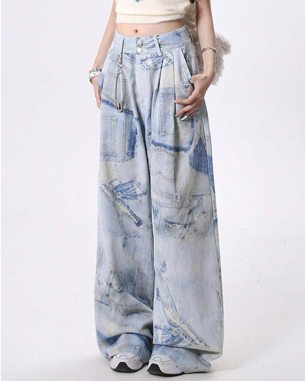 Y2K Denim Effect Print Trousers for Trendy Aesthetic Outfits