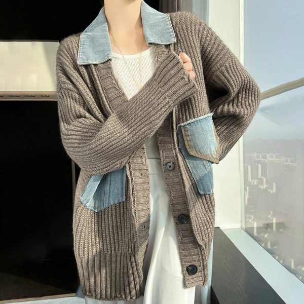 Y2K Denim Patchwork Grandpa Cardigan for Cozy Aesthetic Outfits