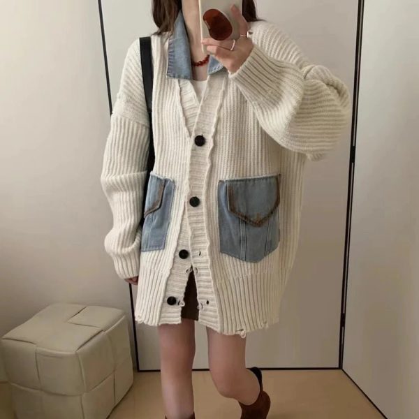 Y2K Denim Patchwork Grandpa Cardigan for Cozy Aesthetic Outfits