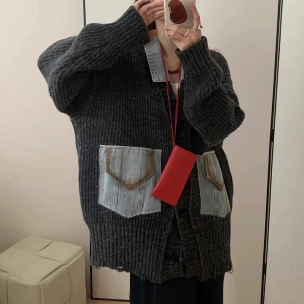 Y2K Denim Patchwork Grandpa Cardigan for Cozy Aesthetic Outfits