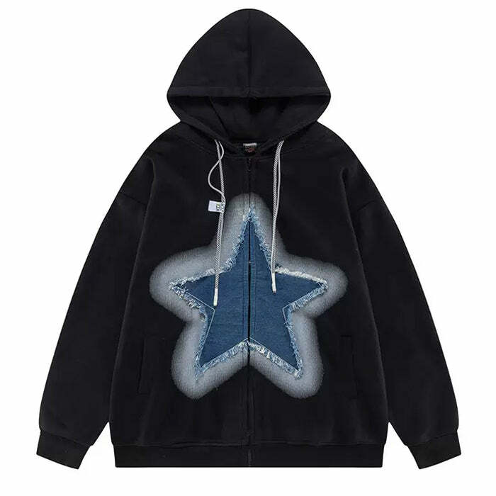 Y2K Denim Star Zip Up Hoodie - Trendy Grunge Aesthetic Layering Essential