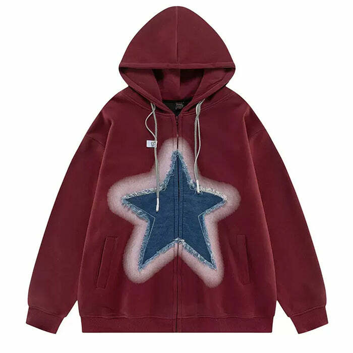 Y2K Denim Star Zip Up Hoodie - Trendy Grunge Aesthetic Layering Essential