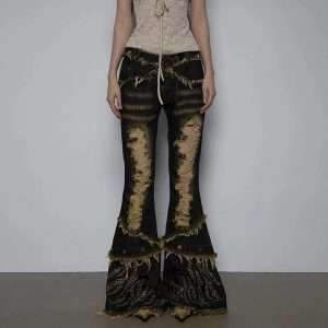 Y2K Distressed Flare Pants with Shredded Flames for Grunge Aesthetic