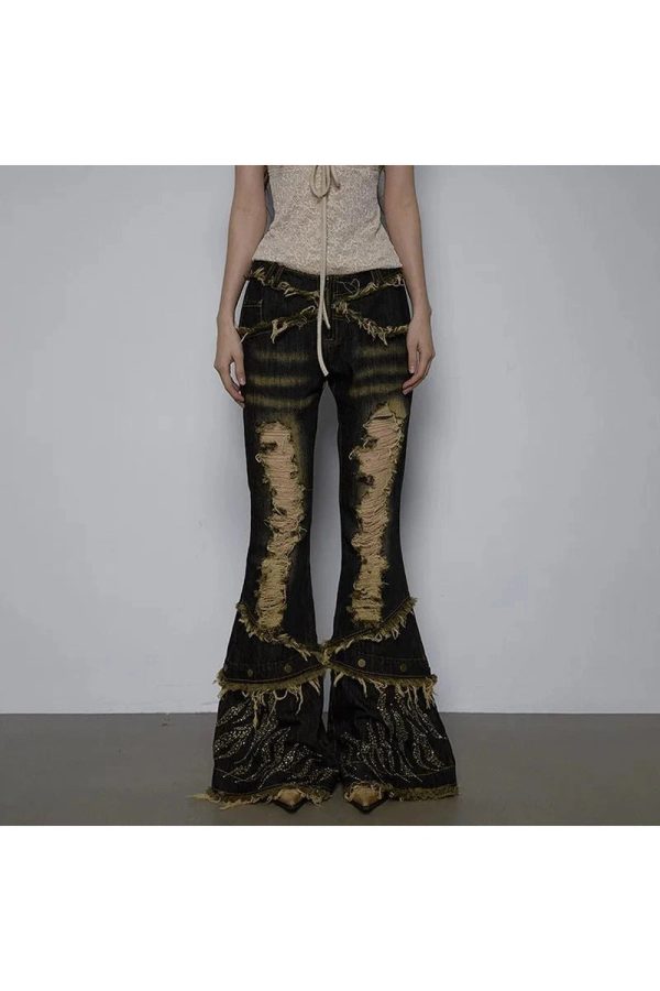 Y2K Distressed Flare Pants with Shredded Flames for Grunge Aesthetic