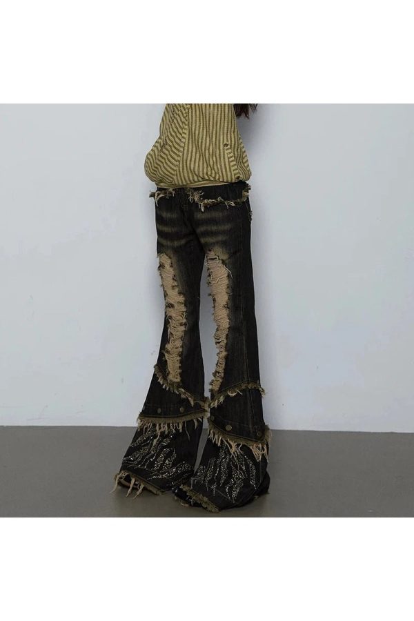 Y2K Distressed Flare Pants with Shredded Flames for Grunge Aesthetic