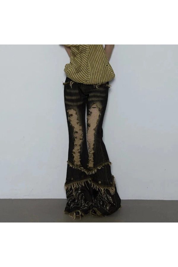 Y2K Distressed Flare Pants with Shredded Flames for Grunge Aesthetic