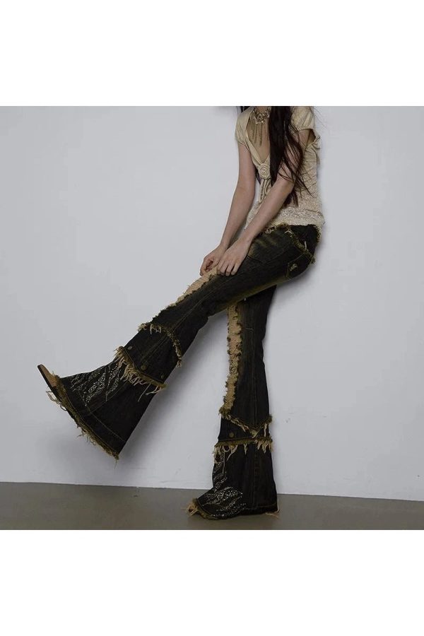 Y2K Distressed Flare Pants with Shredded Flames for Grunge Aesthetic