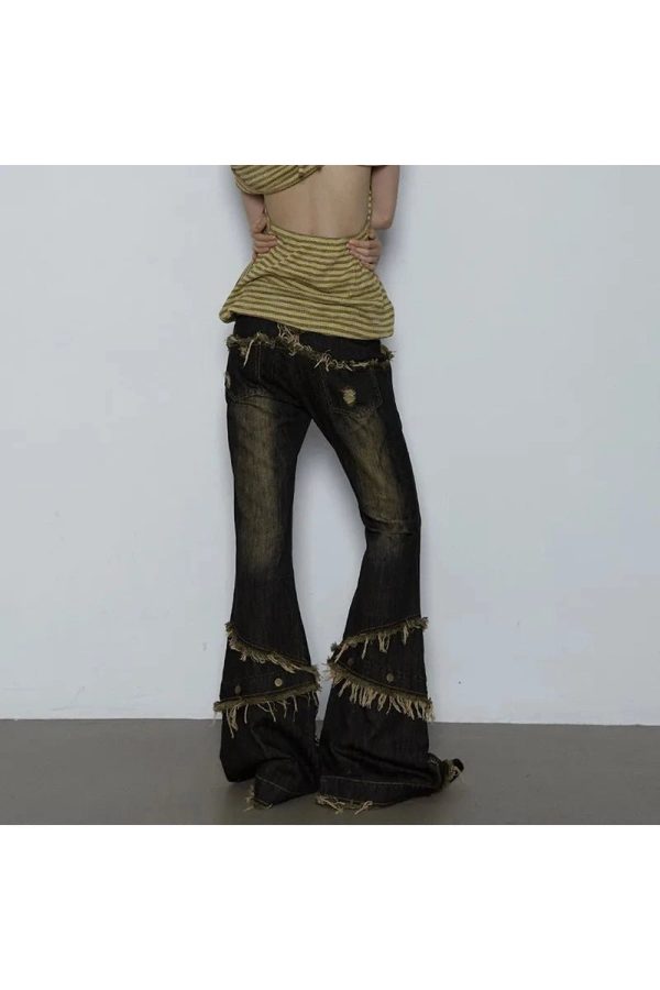 Y2K Distressed Flare Pants with Shredded Flames for Grunge Aesthetic