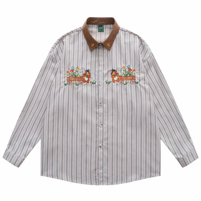 Y2K Fashion Bear Embroidery Striped Shirt - Cute Aesthetic Top