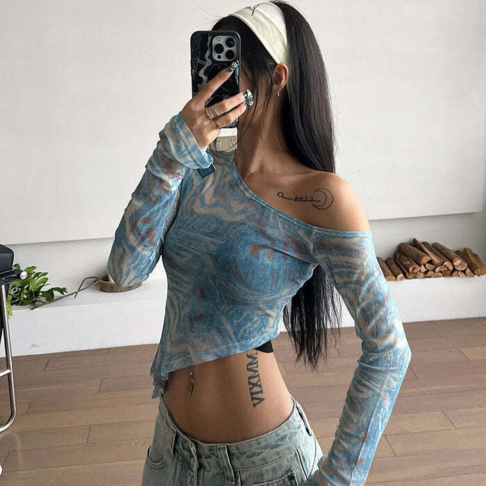 Y2K Fashion Blue Marble Asymmetrical Crop Top for Aesthetic Outfits