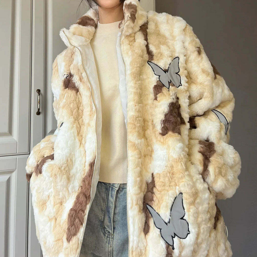 Y2K Fashion Butterfly Aesthetic Oversized Fur Jacket for Cozy Vibes