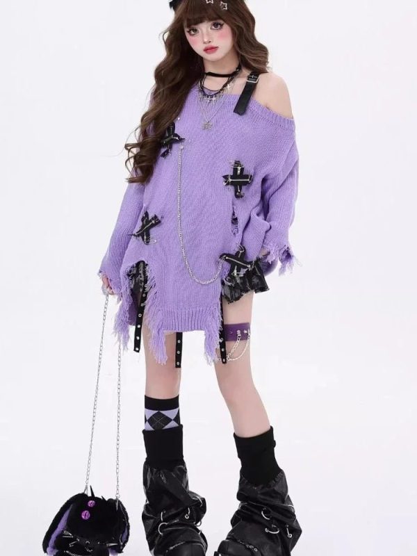 Y2K Fashion Candy Chains Distressed Sweater for Grunge Aesthetic Lovers