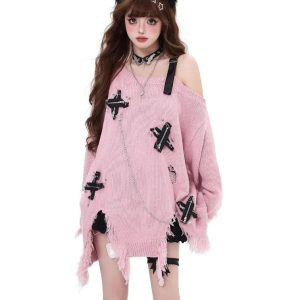 Y2K Fashion Candy Chains Distressed Sweater for Grunge Aesthetic Lovers