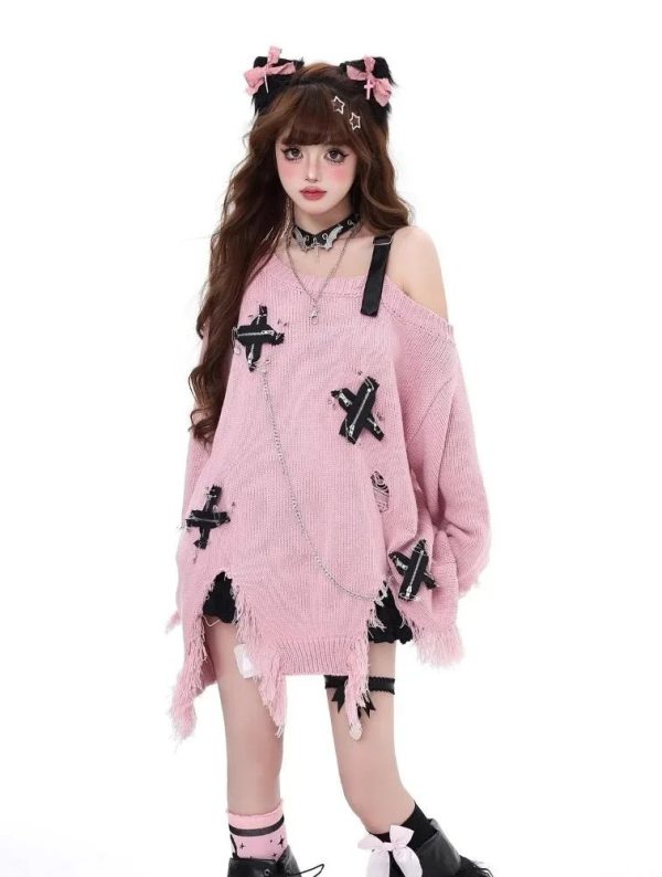 Y2K Fashion Candy Chains Distressed Sweater for Grunge Aesthetic Lovers