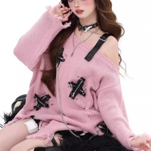 Y2K Fashion Candy Chains Distressed Sweater for Grunge Aesthetic Lovers