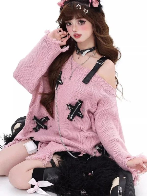 Y2K Fashion Candy Chains Distressed Sweater for Grunge Aesthetic Lovers